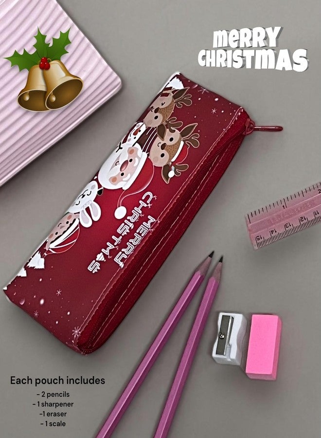 Le Delite Pack of 6 Pcs Merry Xmas Soft Pencil Storage Case Pouch with Stationery | Santa Claus Kids School Organizer Students Stationery Pouch for Girls | Best Return Gift Kids Xmas Party (6 Pouch) - Image 2